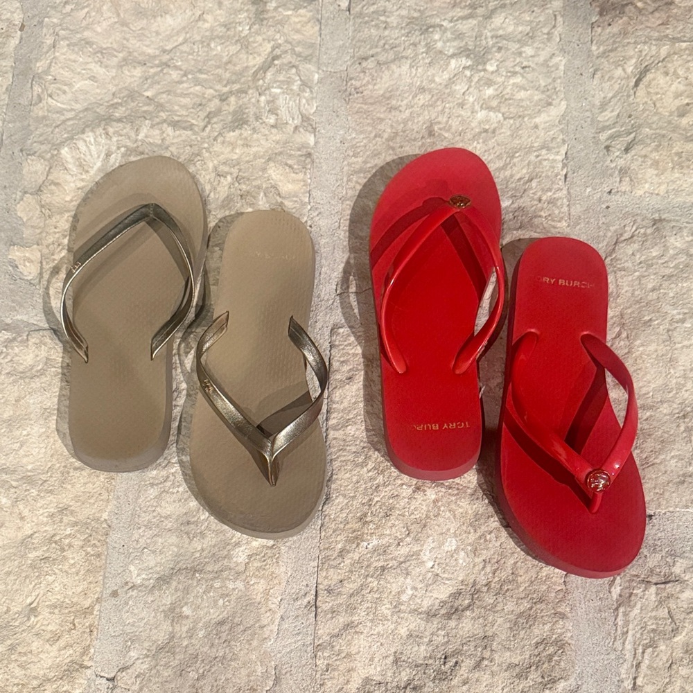 Authentic Tory Burch Red and Taupe Flip Flop Sandals